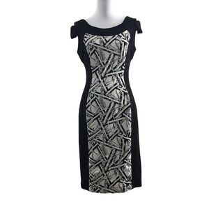 Joseph Ribkoff Black White Geo Print Sheath Dress Womens 6 Illusion Knee Length